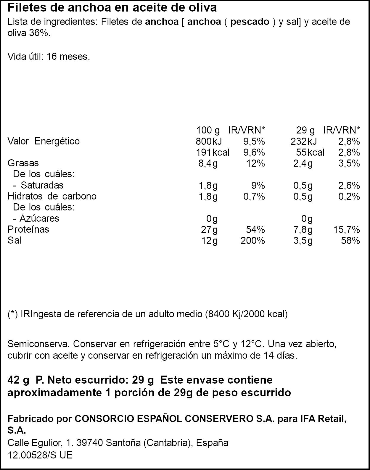 Filete de anchoa aceite de oliva rr42 Ifa eliges 29g escurr