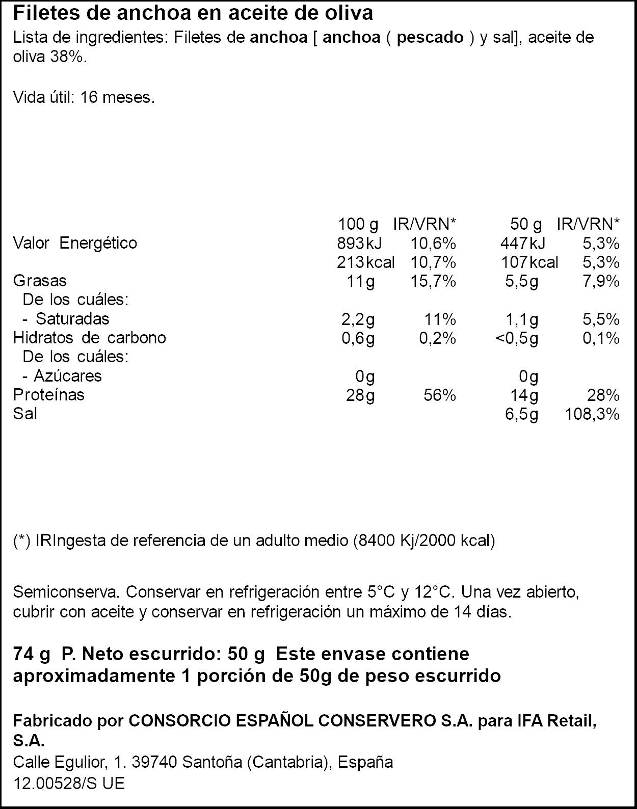 Filetes de anchoa del cantábrico aceite de oliva rr74 Ifa eliges 50g escurr
