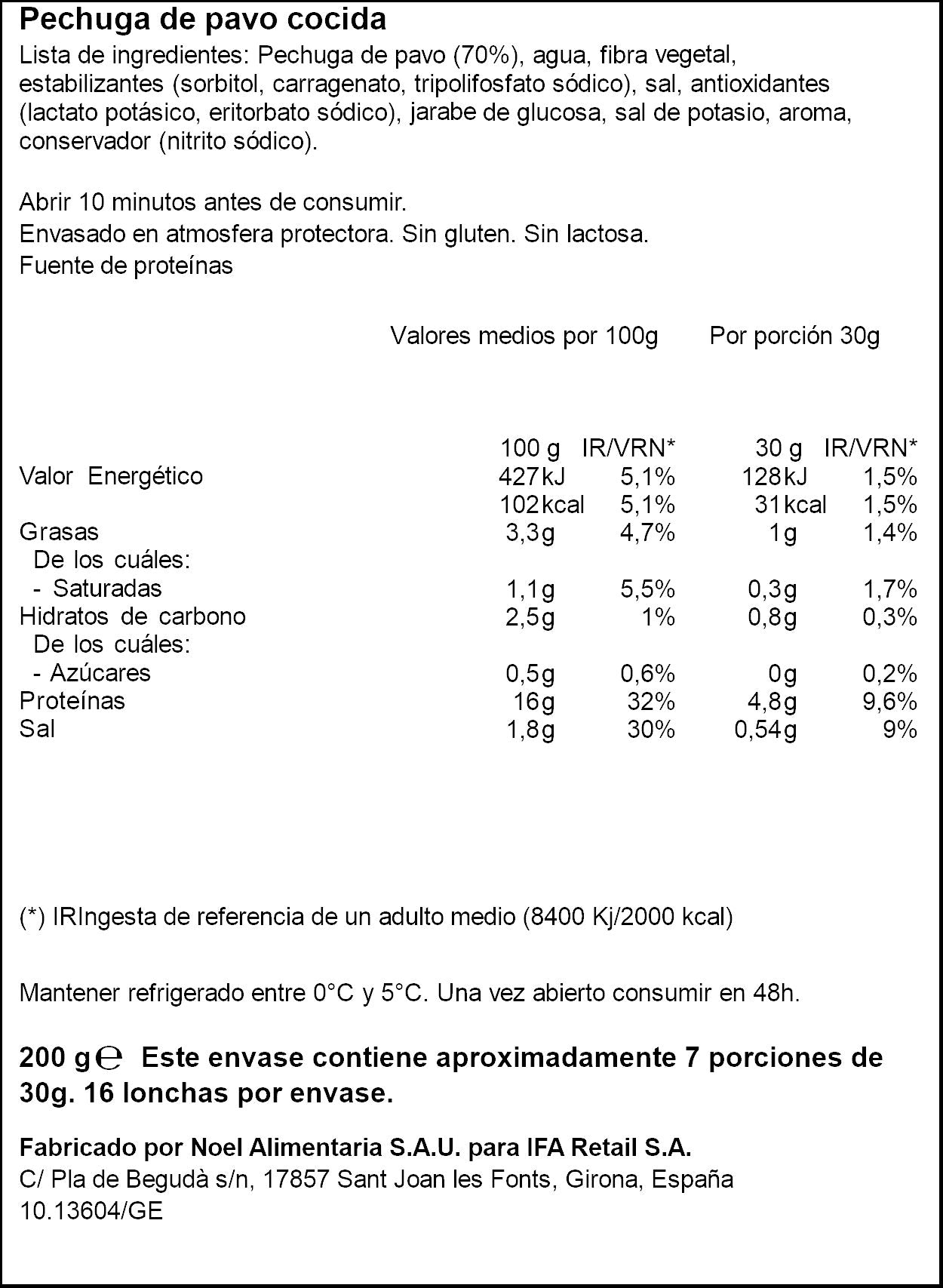 Pechuga pavo b/gra s/lact s/glut Ifa eliges 200g