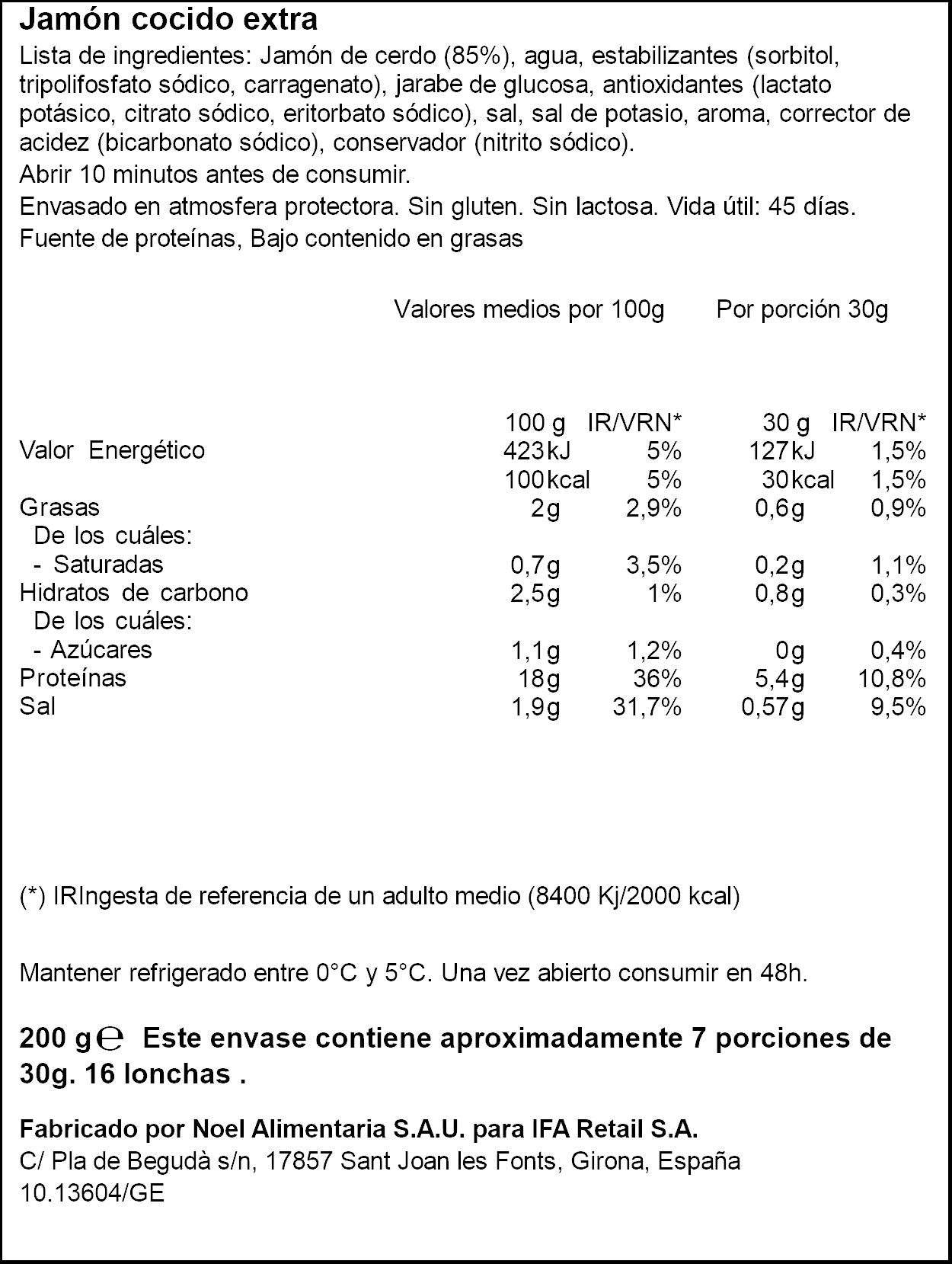 Jamón cocido extra baj gras s/glut s/lacto Ifa eliges 200g