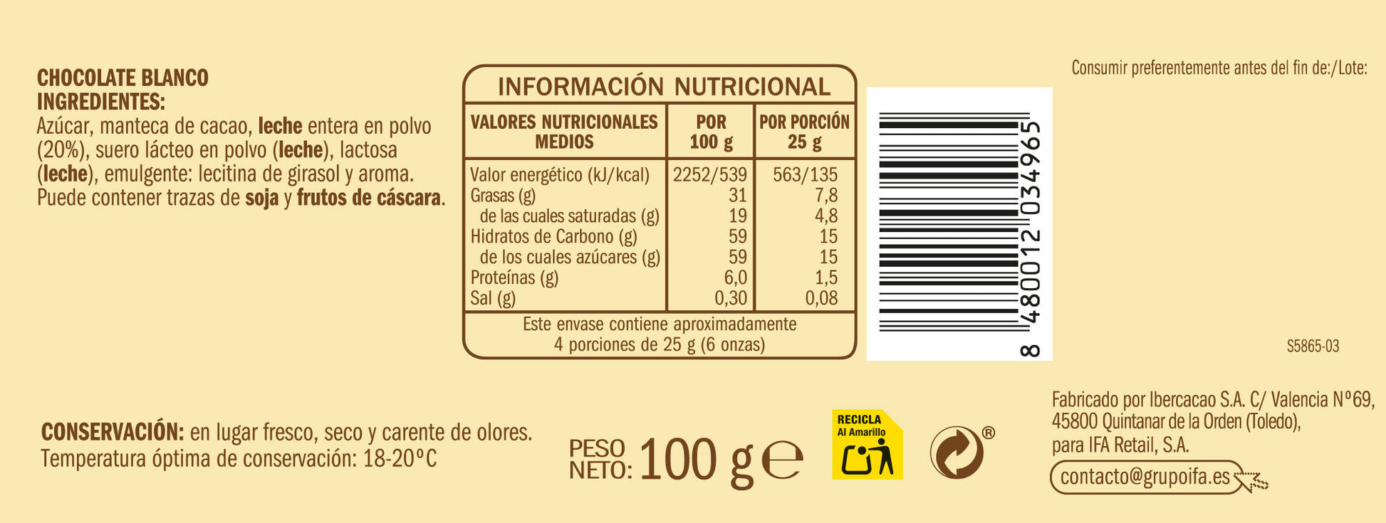 Chocolate blanco Ifa eliges 100g