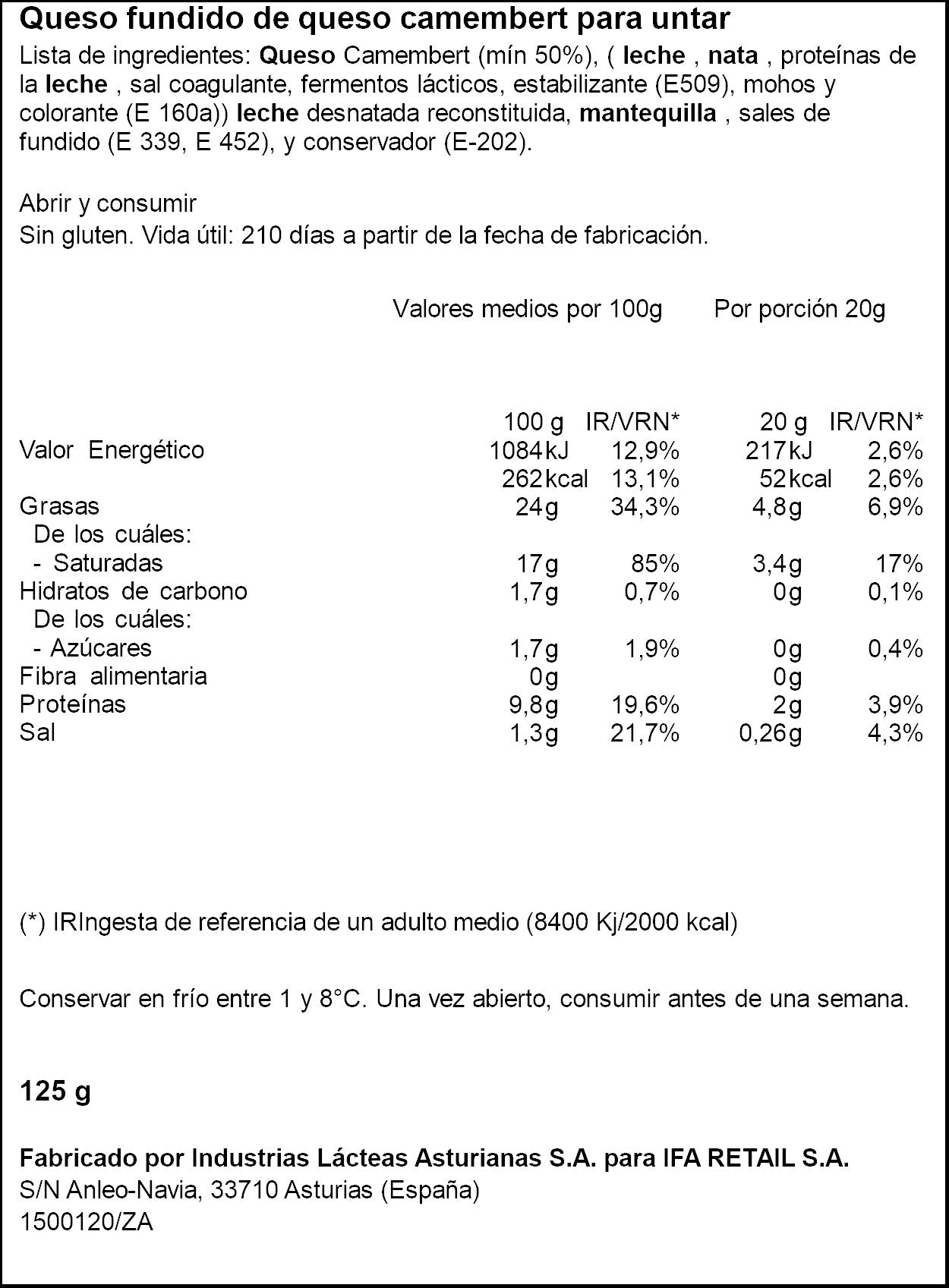 Crema de queso cammembert Ifa eliges 125g