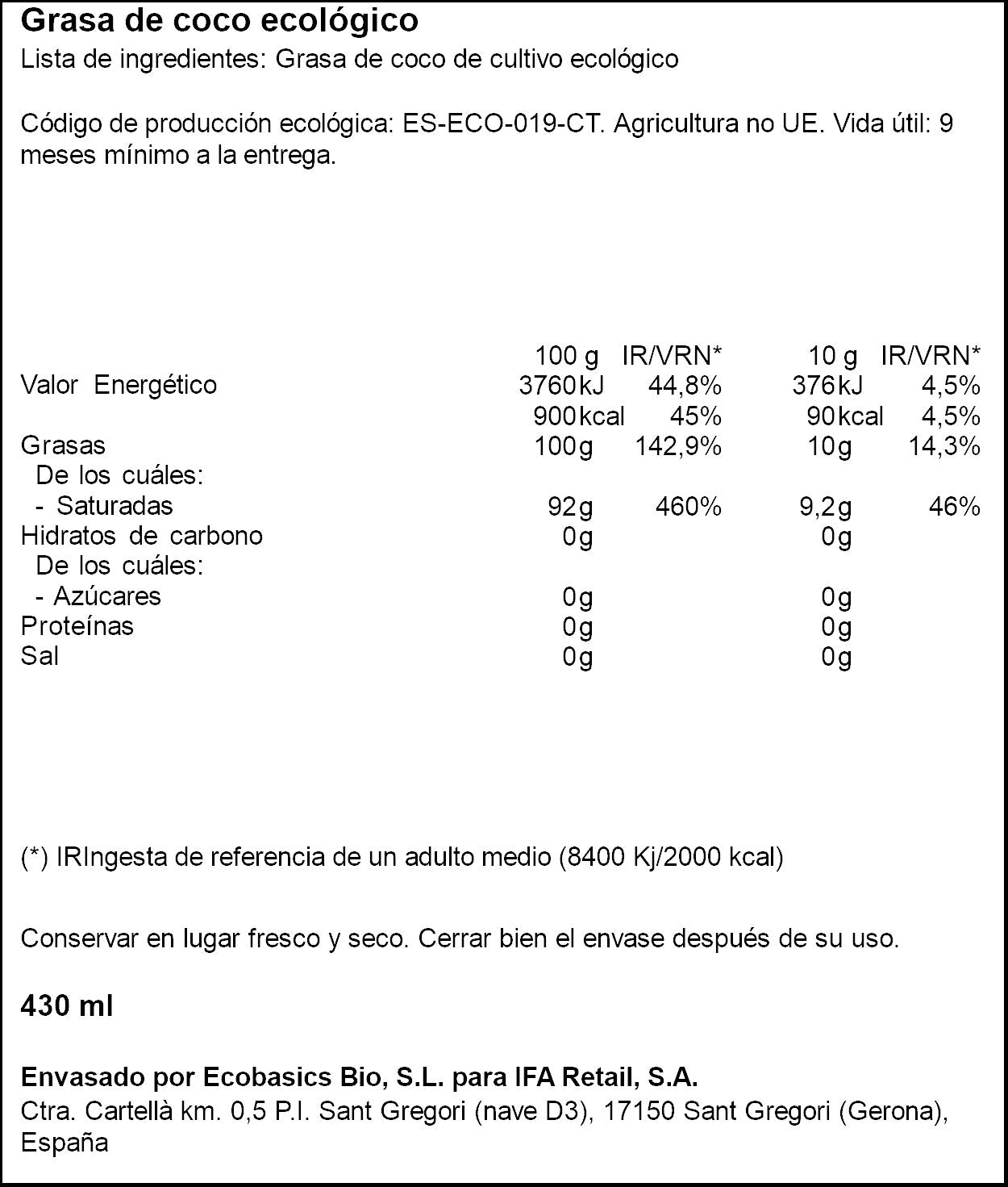 Aceite coco ecológico Ifa eliges 430ml