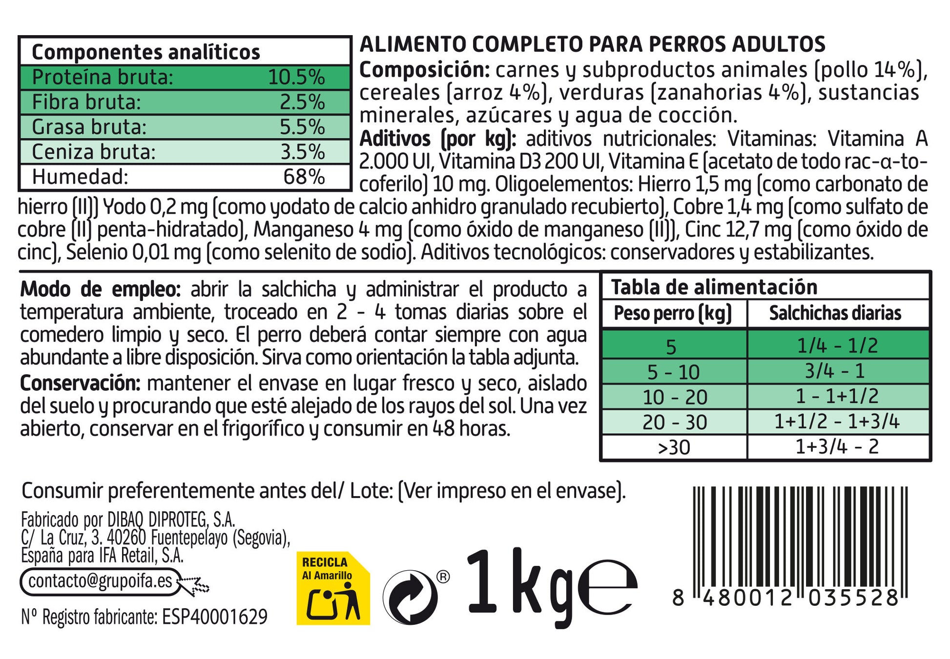 Comida húmeda perro salchicha poll/arr/zan Ifa amigo 1kg