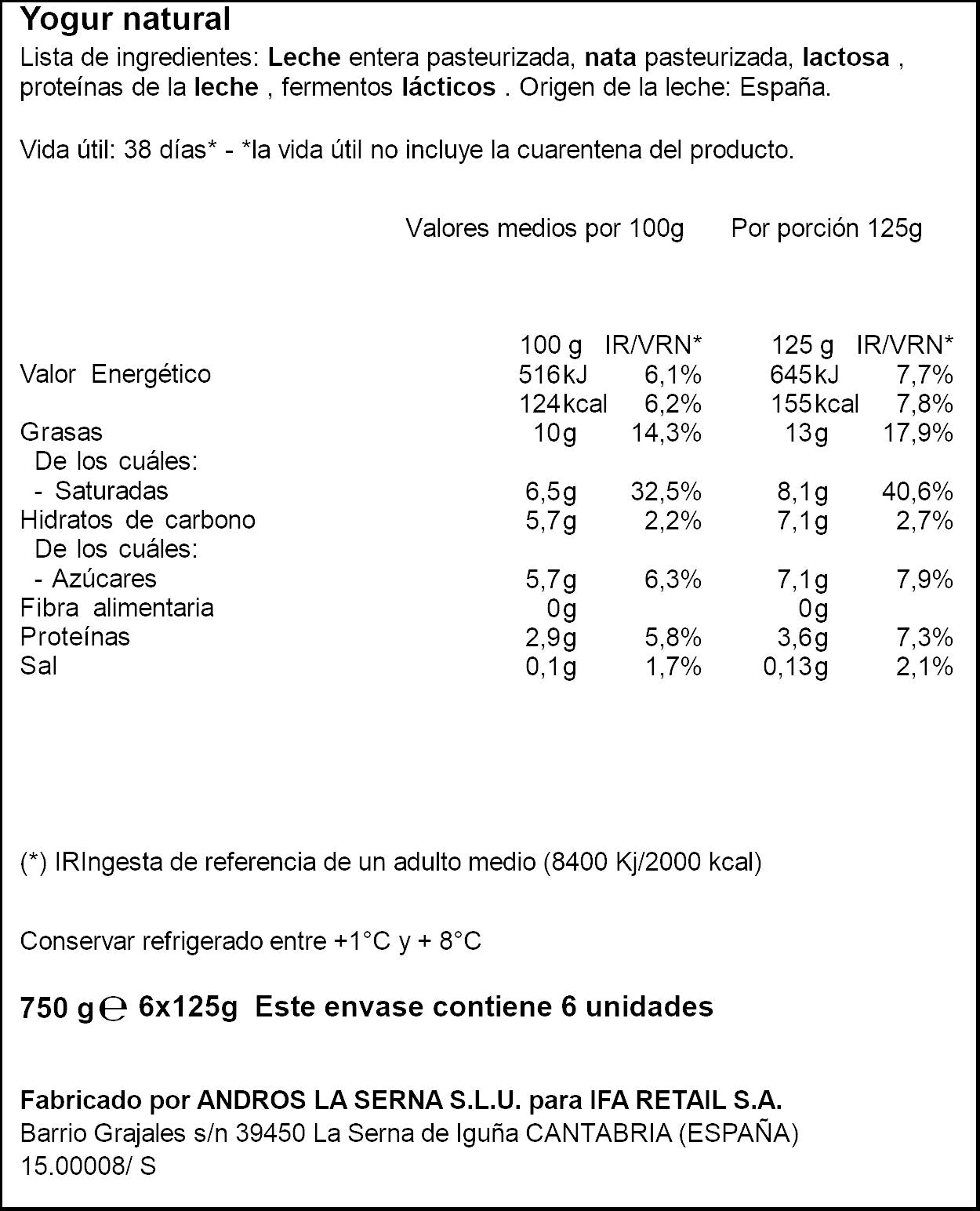 Yogurt griego natural Ifa eliges p6 125g