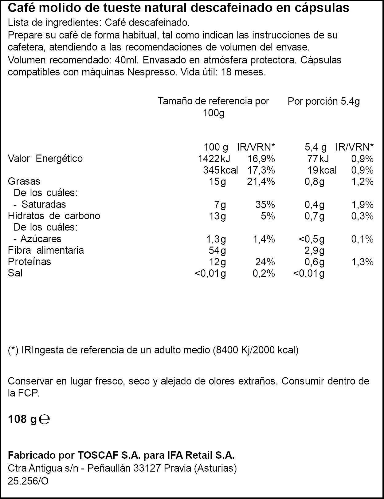 Cafe capsulas descafeinado nº 8 Ifa eliges p20 108g