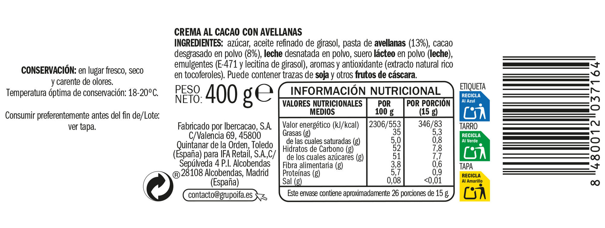 Crema cacao cristal 13%avellana Ifa eliges 400g