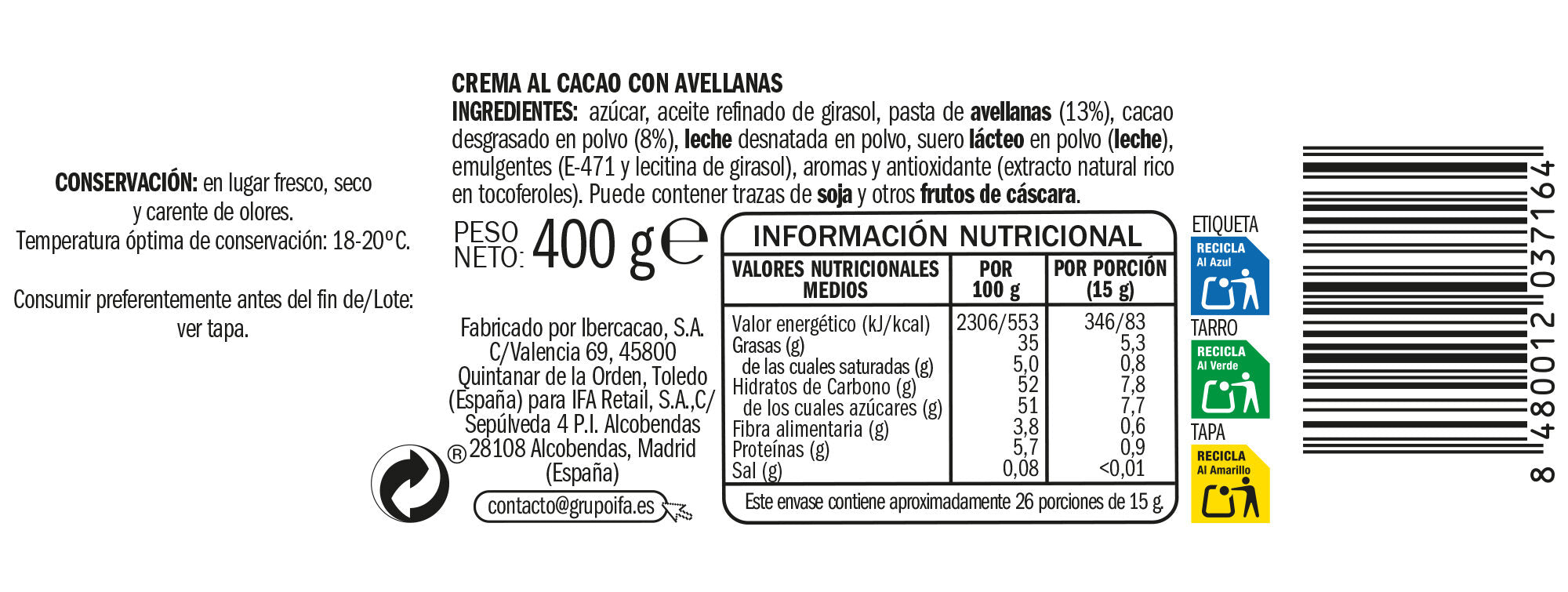 Crema cacao cristal 13%avellana Ifa eliges 400g