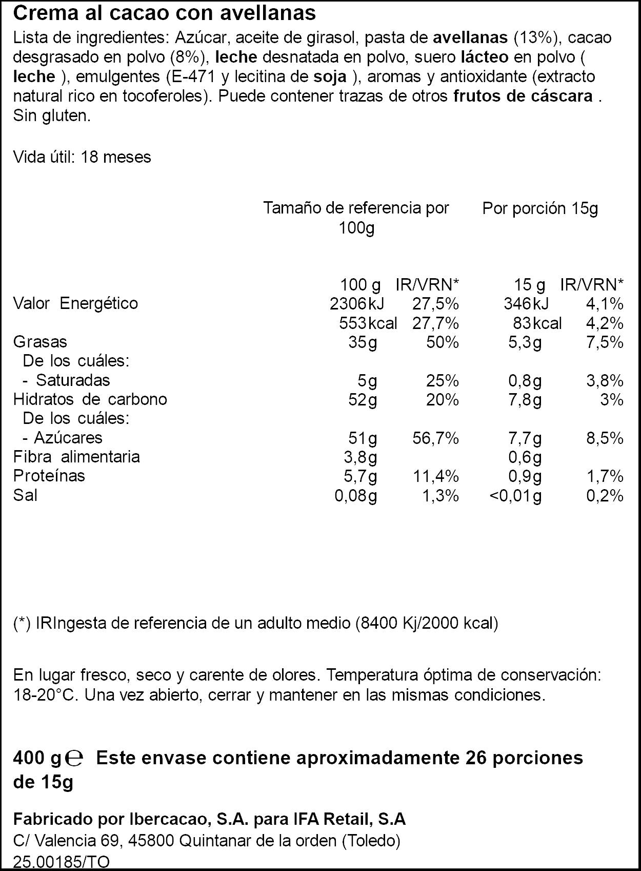 Crema cacao cristal 13%avellana Ifa eliges 400g