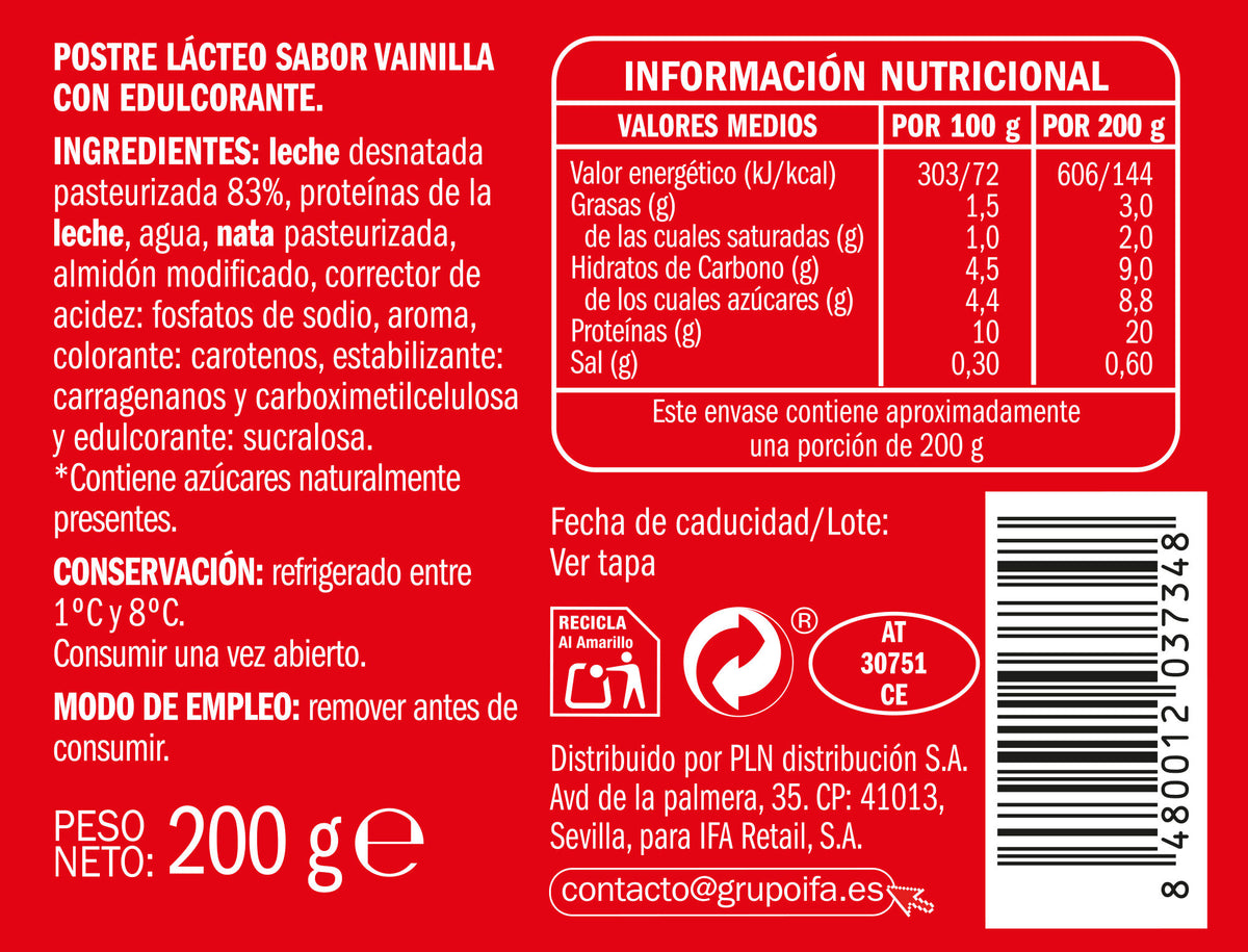 Postre lacteo vainilla proteina Ifa eliges 200g