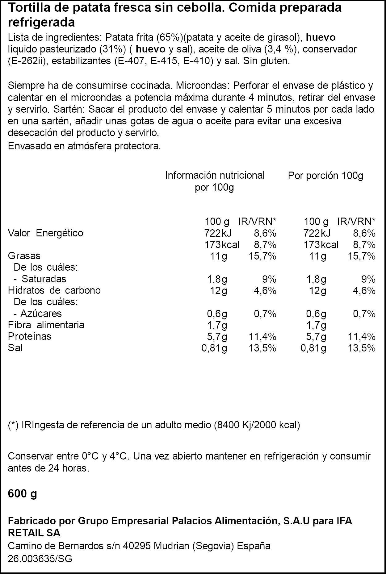 Tortilla fresca sin cebolla Ifa eliges 600g