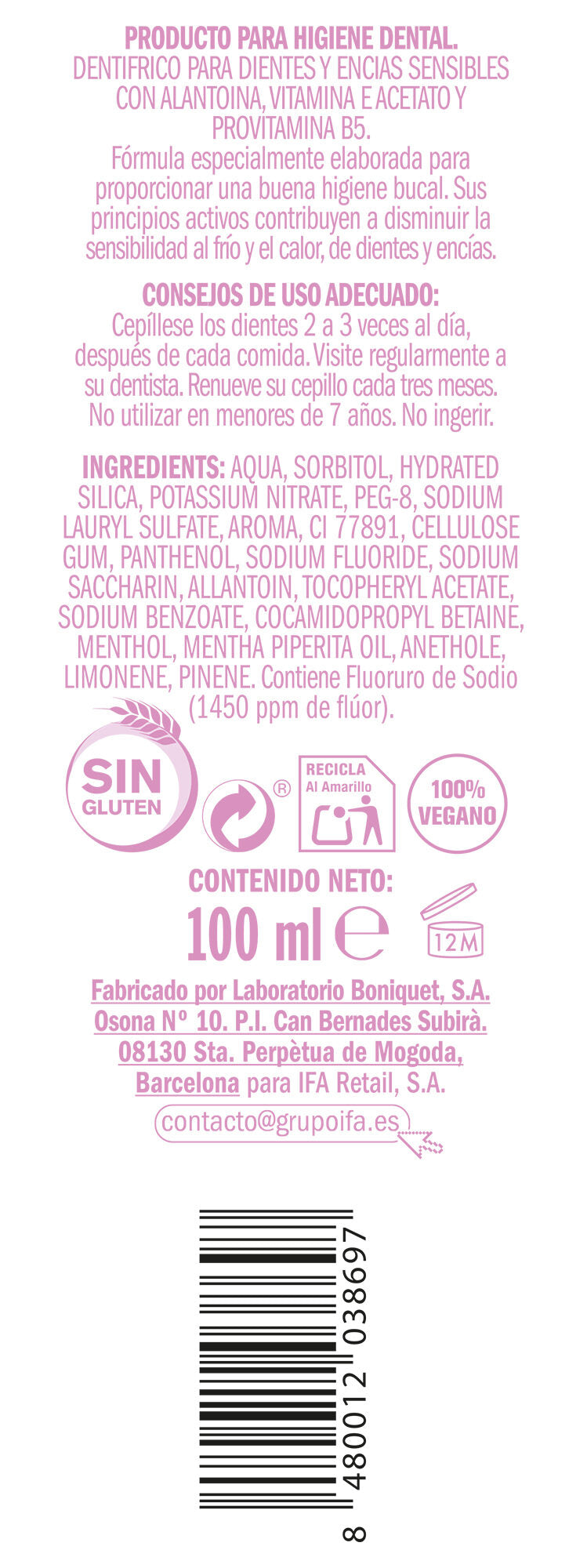 Dentífrico dientes y encias sensibles Ifa unnia 100ml