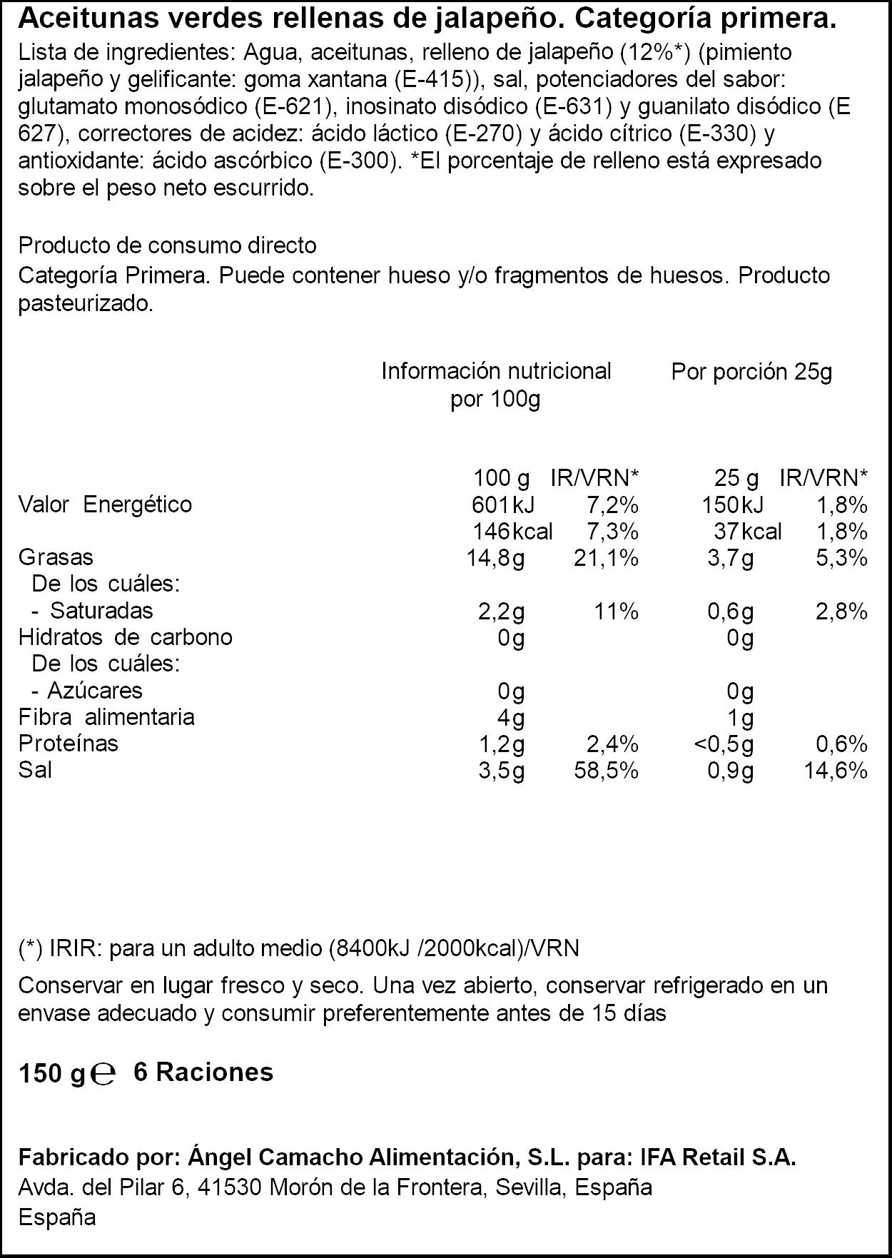 Aceituna manzanilla r/jalapeño Ifa eliges 150g escurr