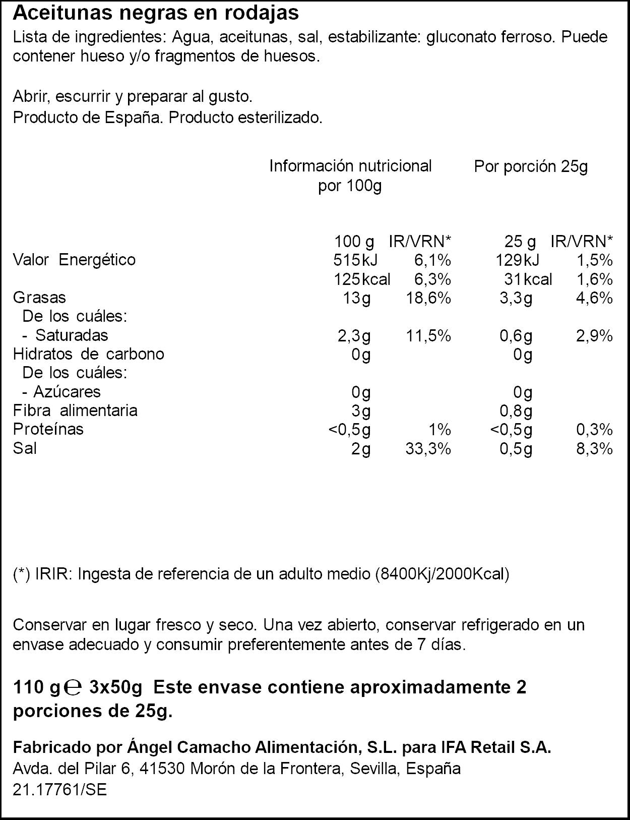 Aceitunas negras en rodajas Ifa eliges p3 50g escurr