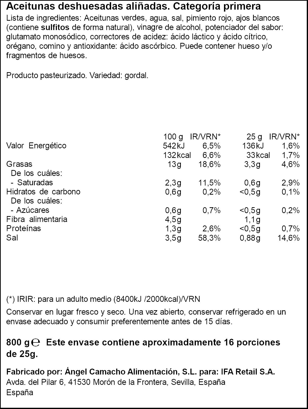 Aceitunas gordal s/hueso aliñada barril Ifa eliges 400g escurr