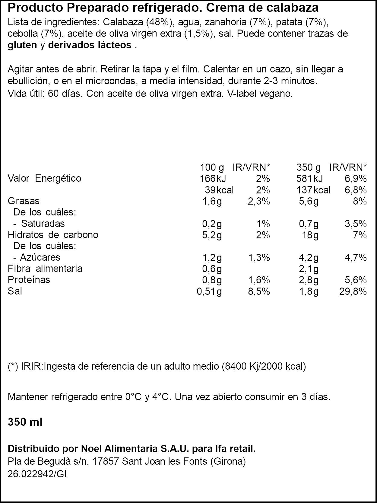 Crema calabaza refrigerada Ifa eliges 350ml