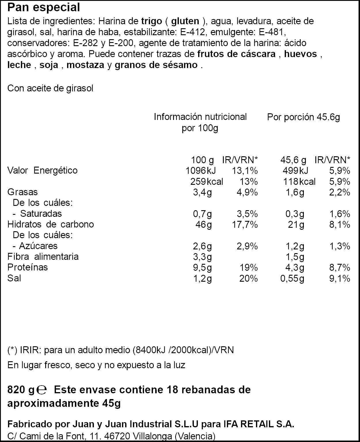 Pan de molde rebanada gruesa Ifa eliges 820g