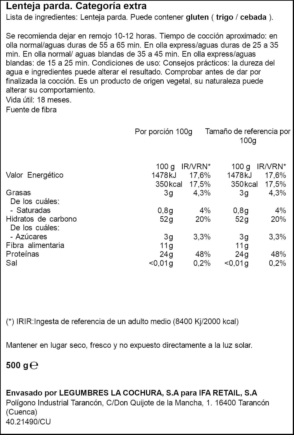 Lenteja parda extra bolsa Ifa eliges 500g