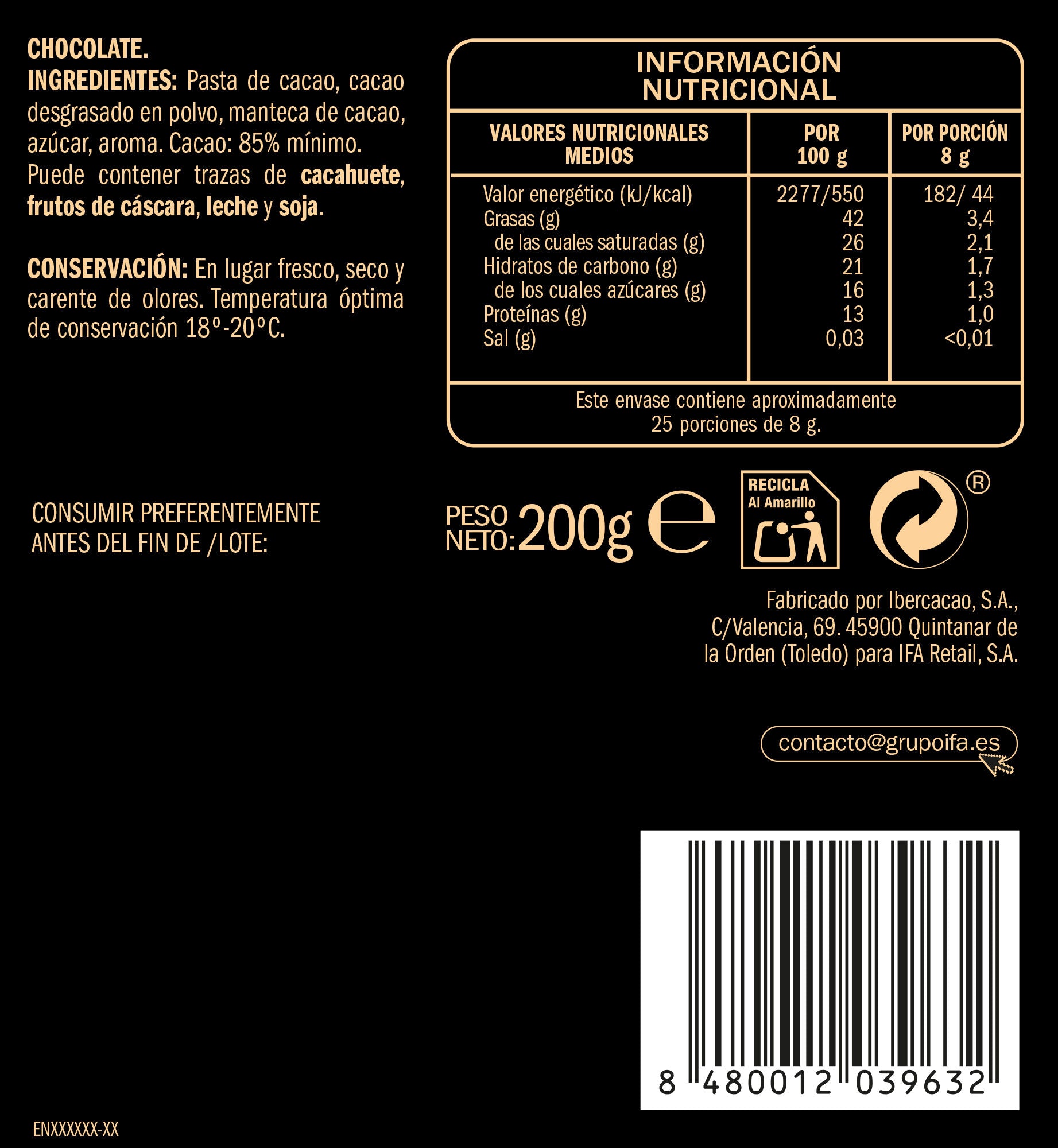 Mini chocolatinas chocolate negro 85% Ifa eliges 200g