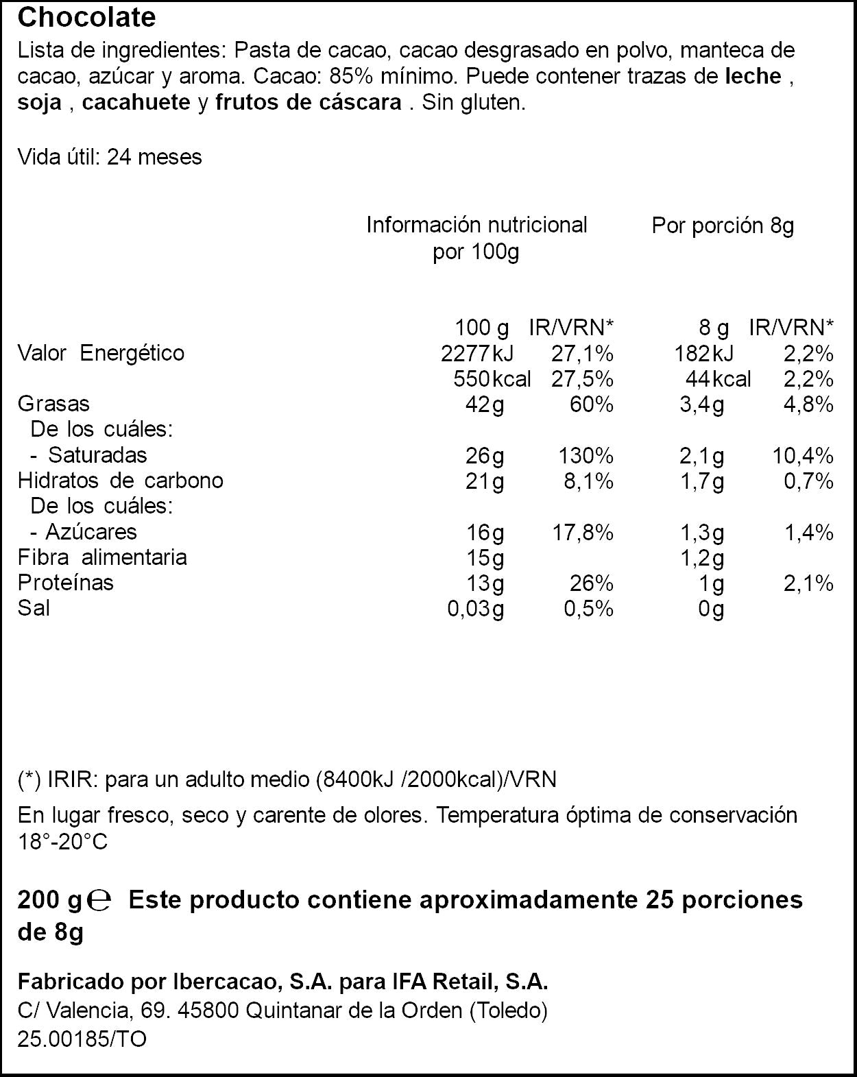 Mini chocolatinas chocolate negro 85% Ifa eliges 200g