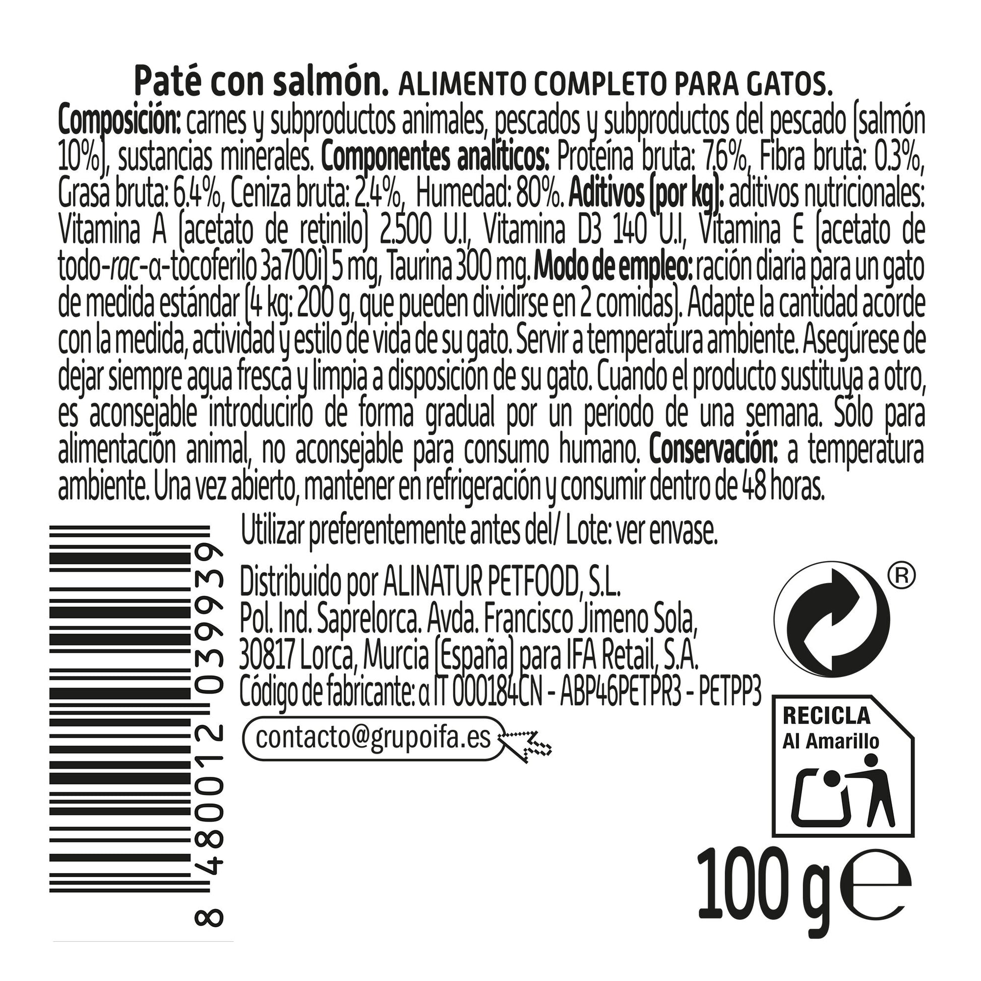 Comida húmeda gato paté salmón tarrina Ifa amigo 100g