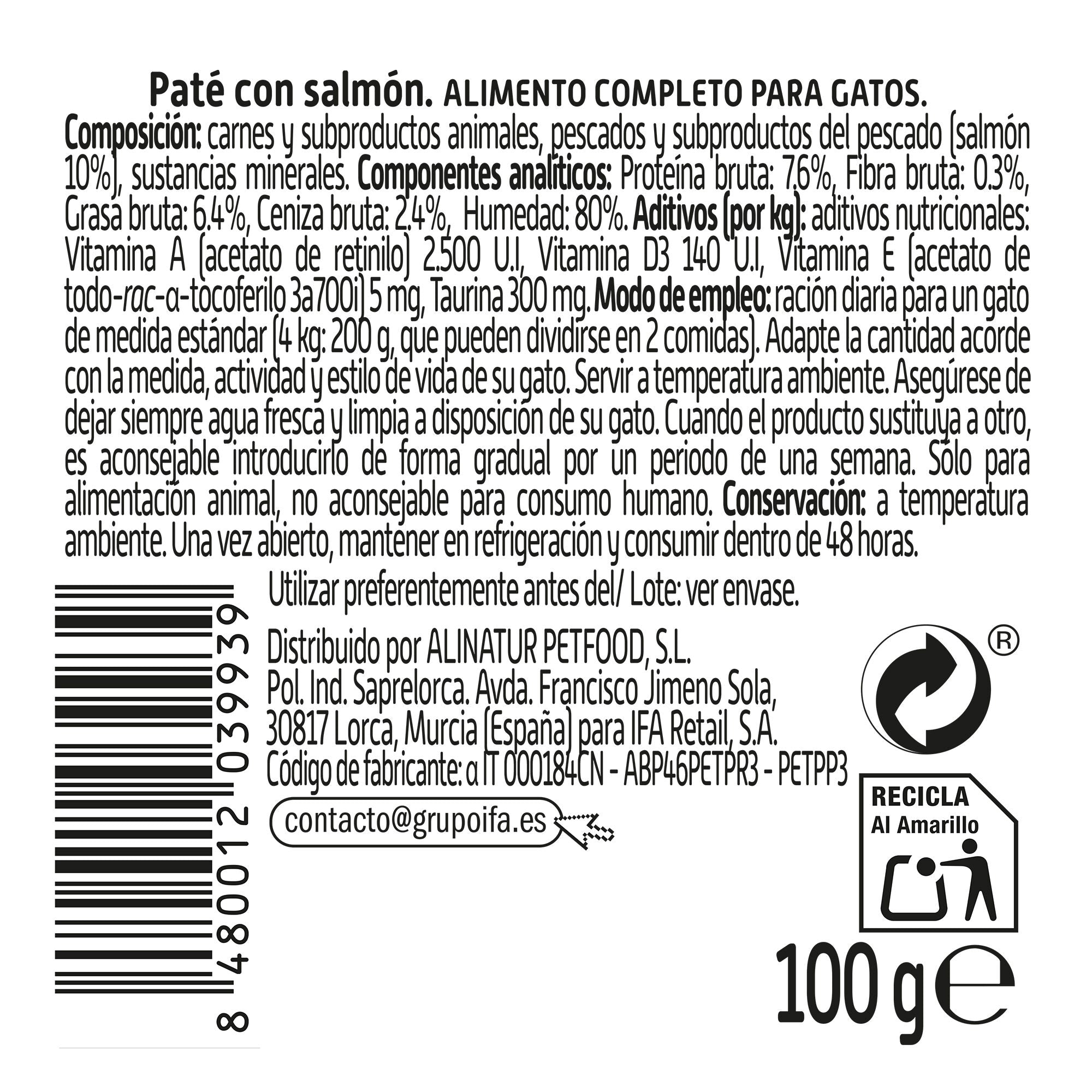 Comida húmeda gato paté salmón tarrina Ifa amigo 100g