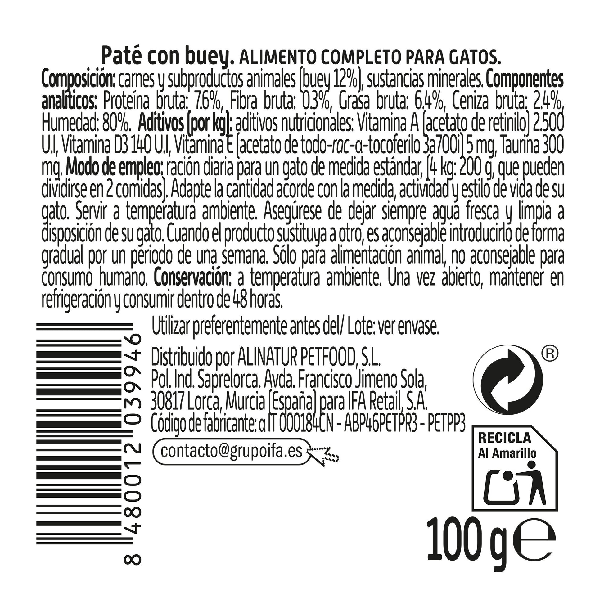 Comida húmeda gato paté buey tarrina Ifa amigo 100g