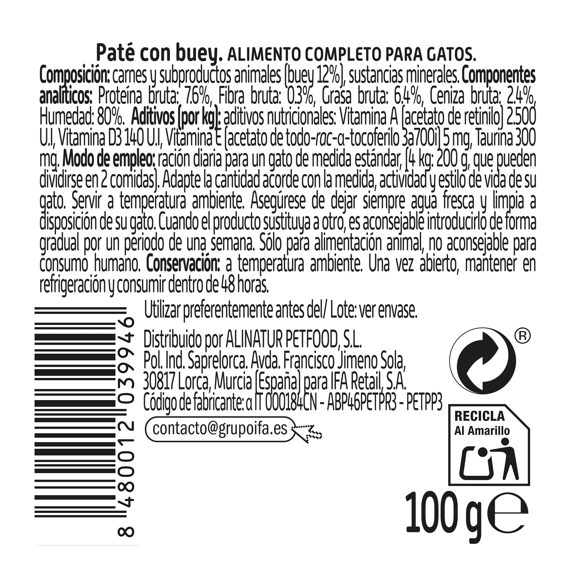 Comida húmeda gato paté buey tarrina Ifa amigo 100g