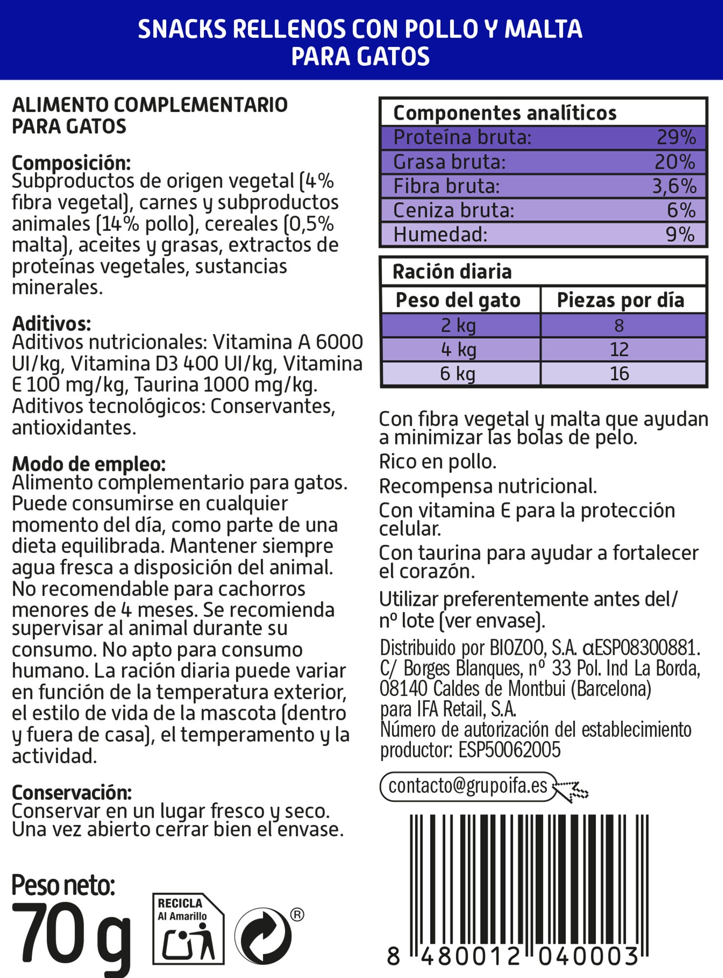 Snacks gato relleno c/pollo Ifa amigo 70g