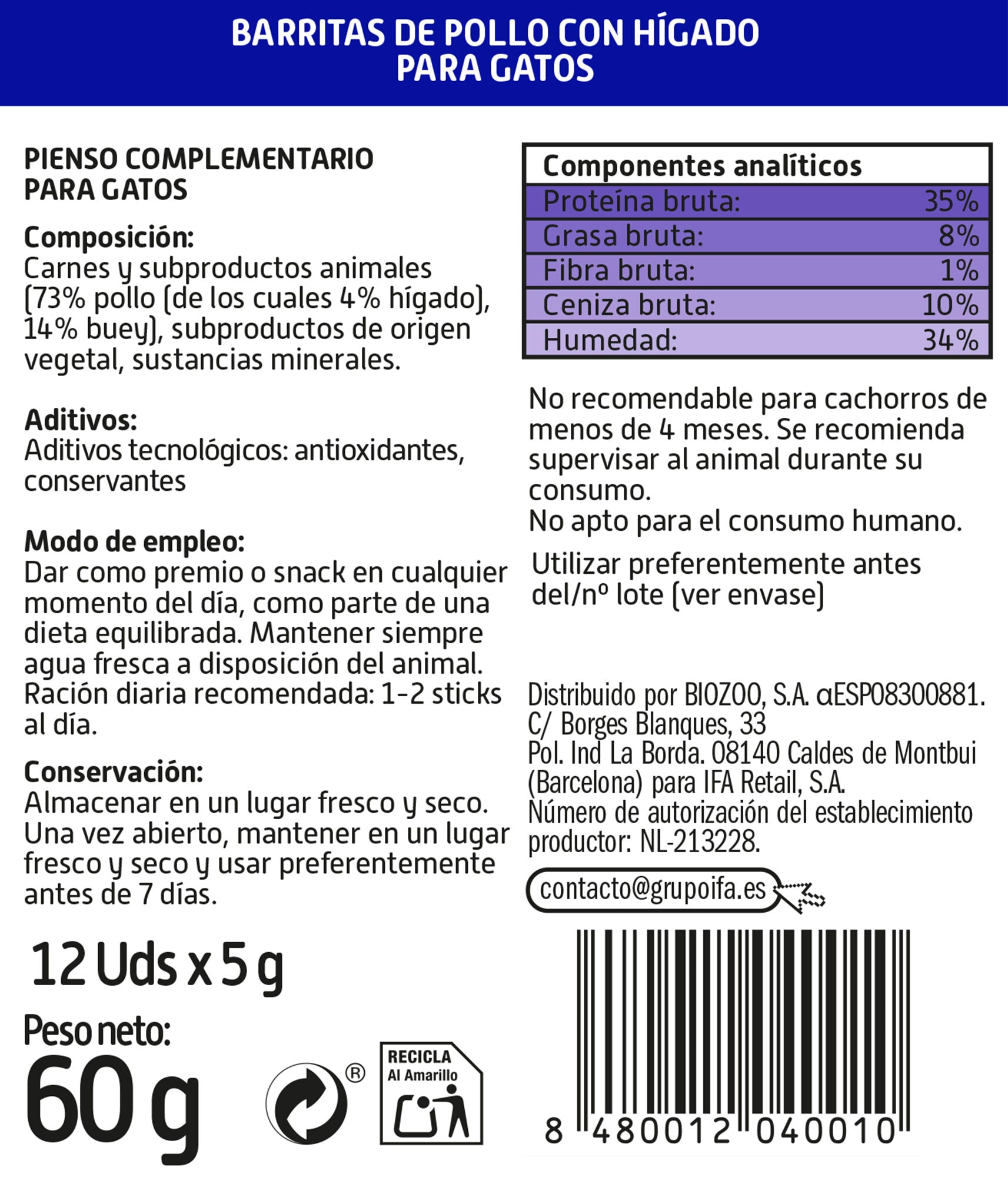 Snacks gato barrita pollo/higado Ifa amigo 60g