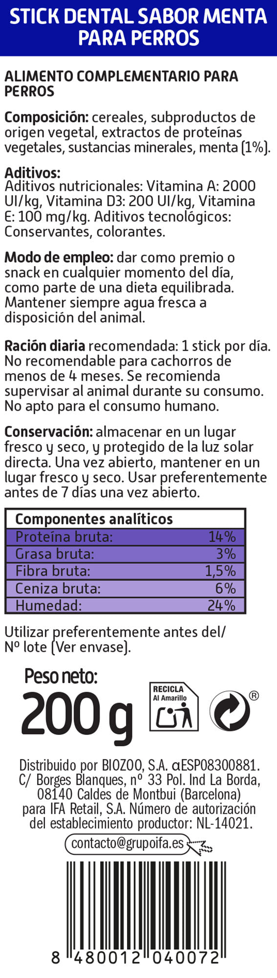 Snacks perro stick dental menta Ifa amigo 200g