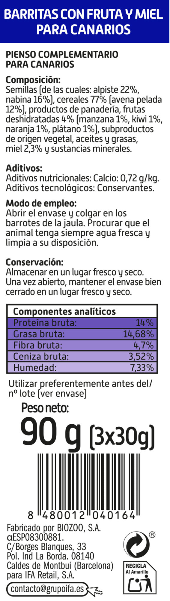 Barrita canarios fruta y miel Ifa amigo 3u 60g/u