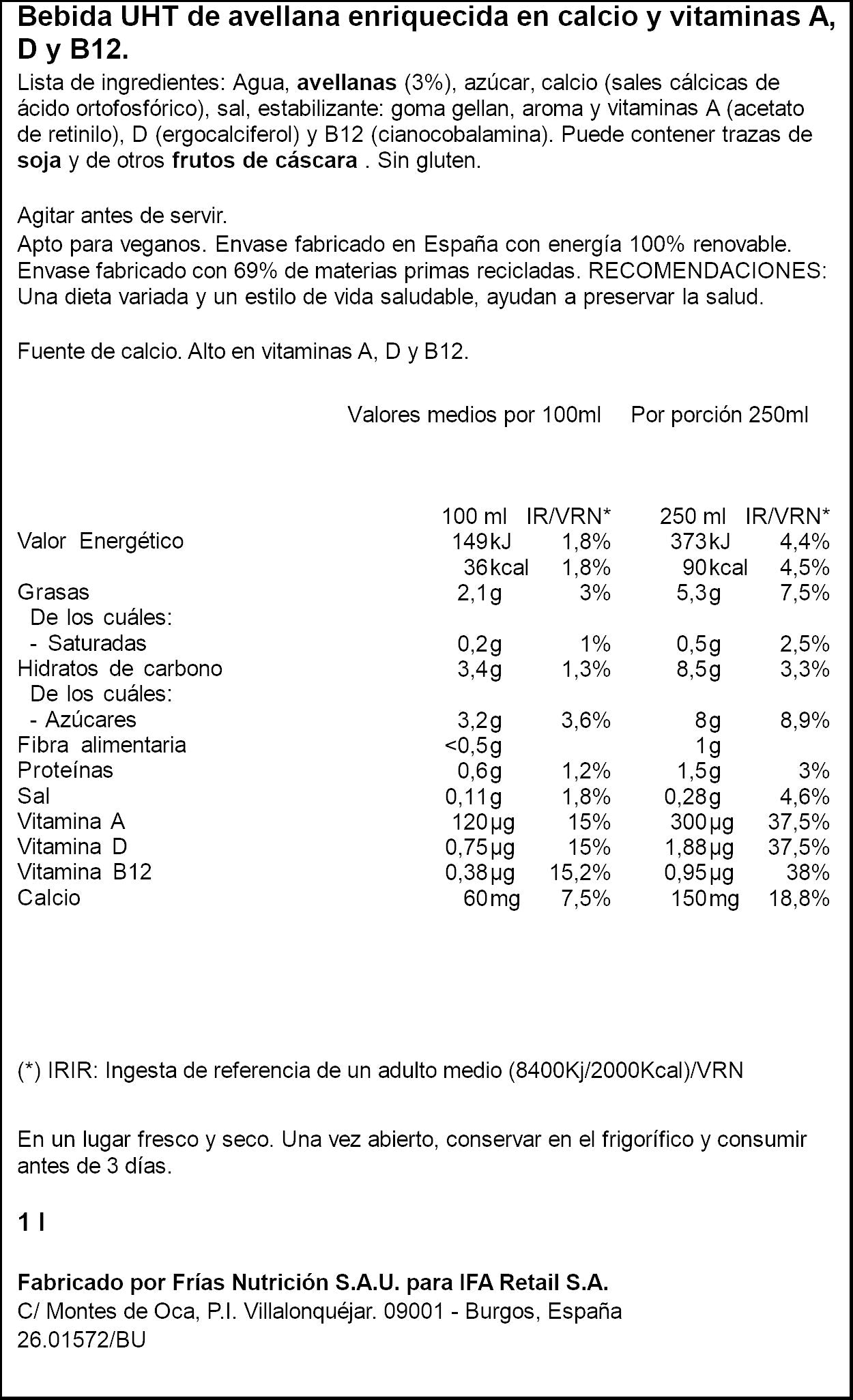 Bebida vegetal  avellana con calcio Ifa eliges 1l