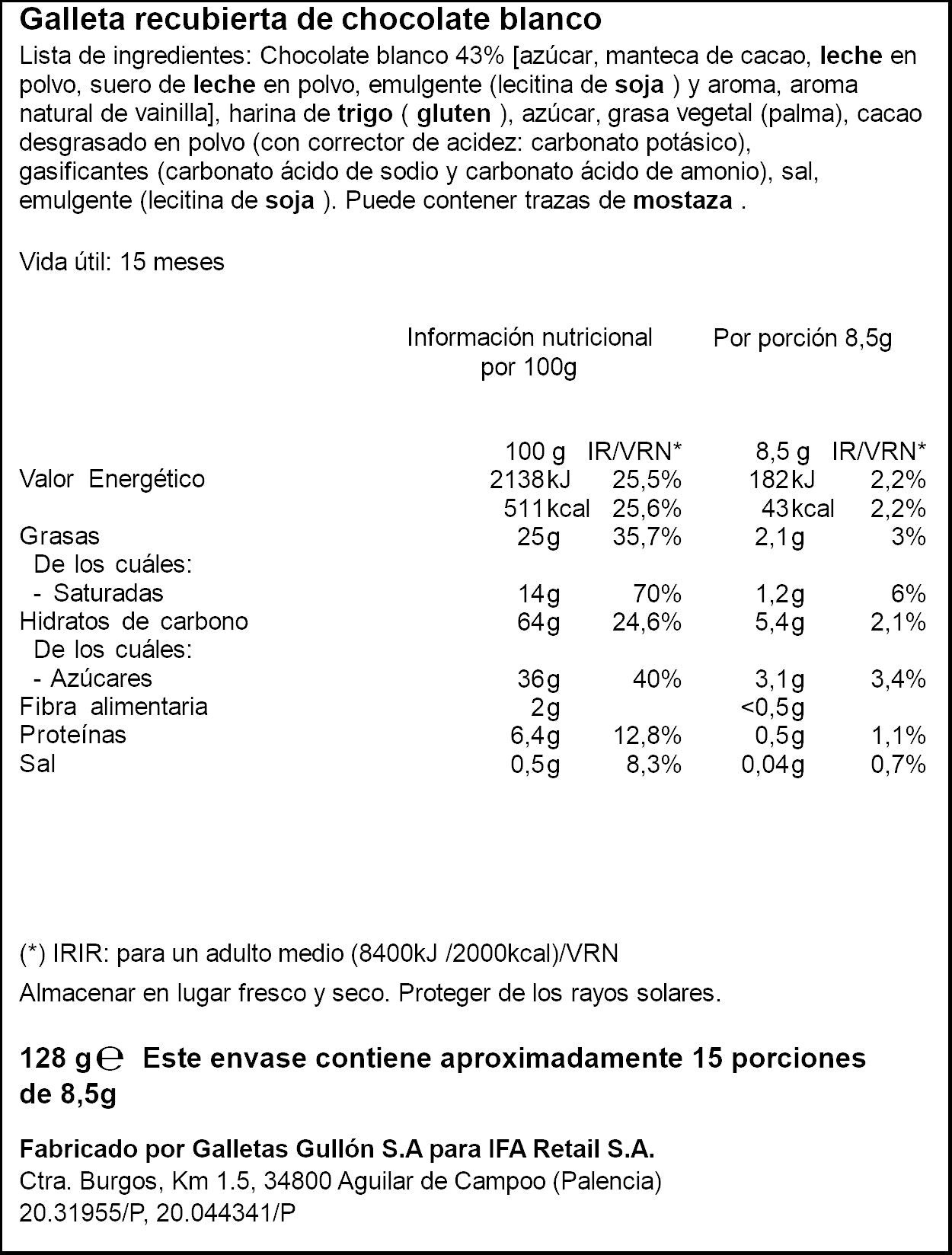 Galleta bañada chocolate blanco aros Ifa eliges 128g