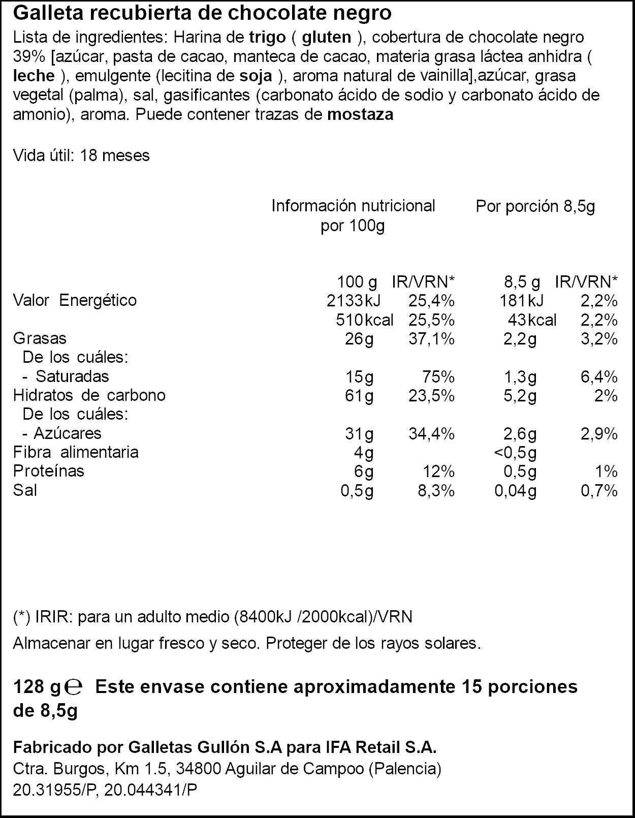 Galleta bañada chocolate negro aros Ifa eliges 128g