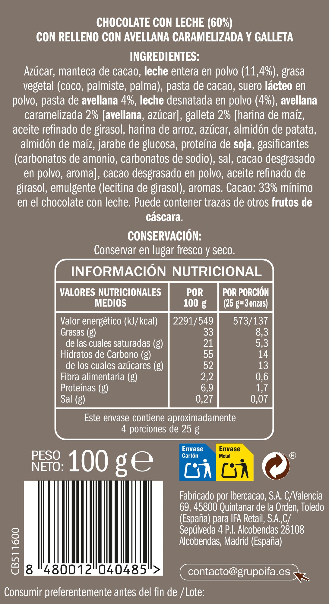 Chocolate relleno crema avellana crujiente Ifa eliges 100g