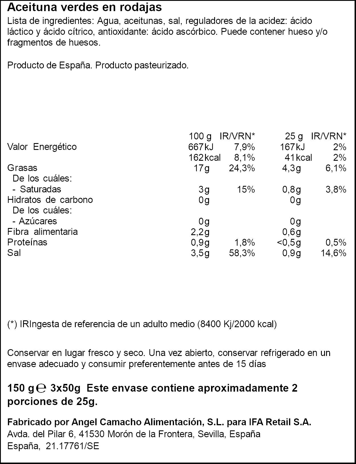 Aceitunas verde manzanilla en rodajas Ifa eliges p3 50g escurr