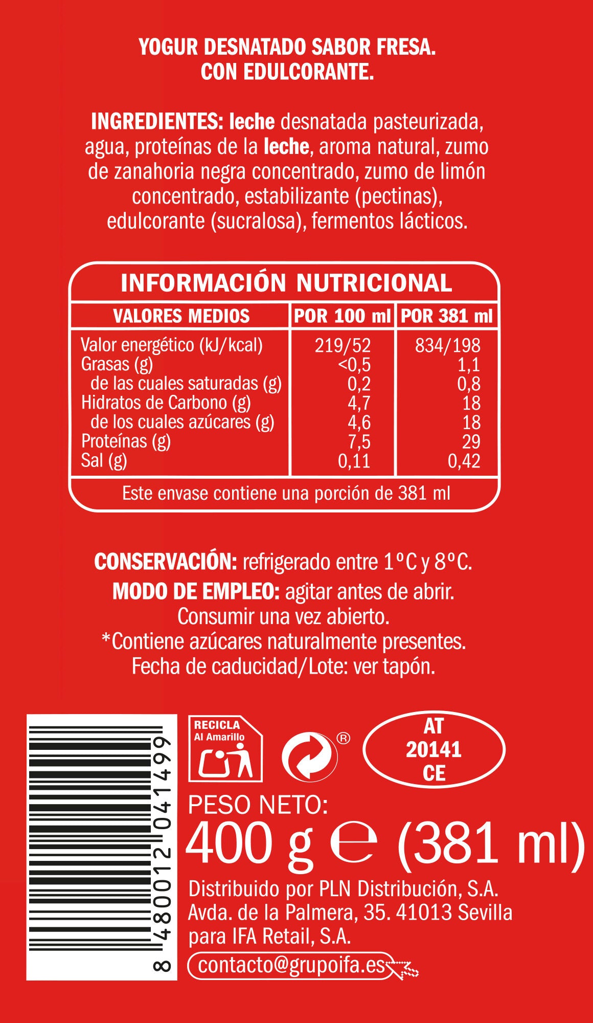 Yogur liquido fresa proteinas Ifa eliges 400g