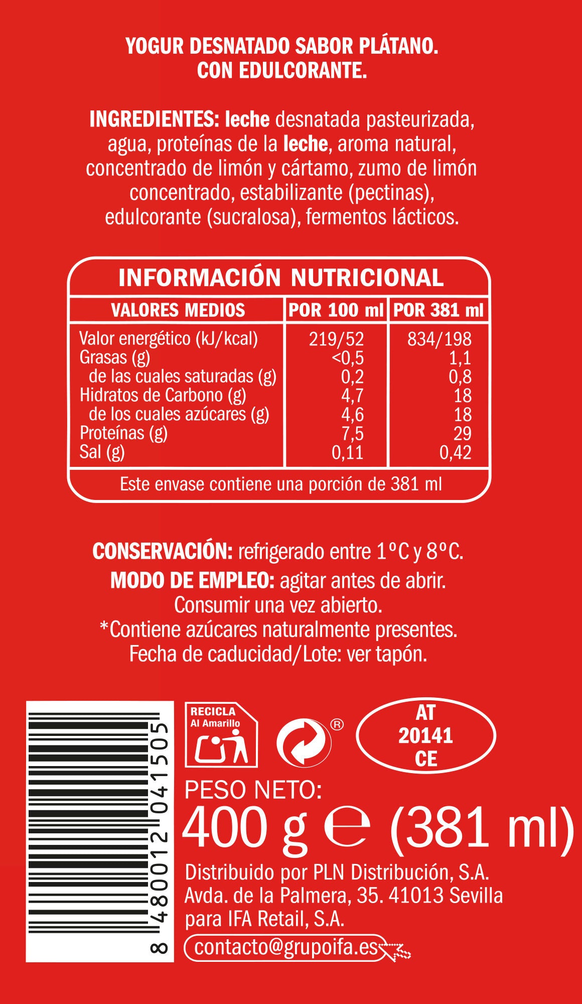 Yogur liquido platano proteinas Ifa eliges 400g