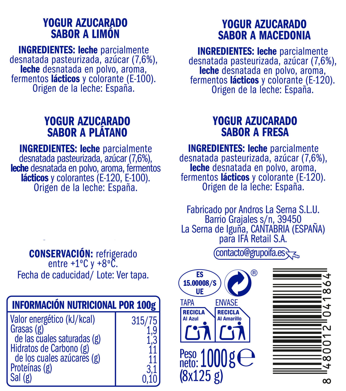 Yogur sabores fr/pla/lim/mac Ifa eliges p8 125g/u
