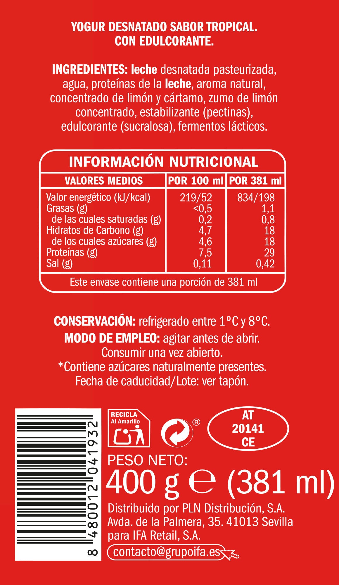 Yogur liquido tropical proteinas Ifa eliges 400g