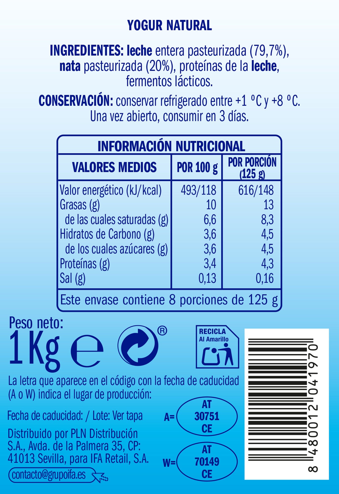 Yogur griego natural Ifa eliges 1kg
