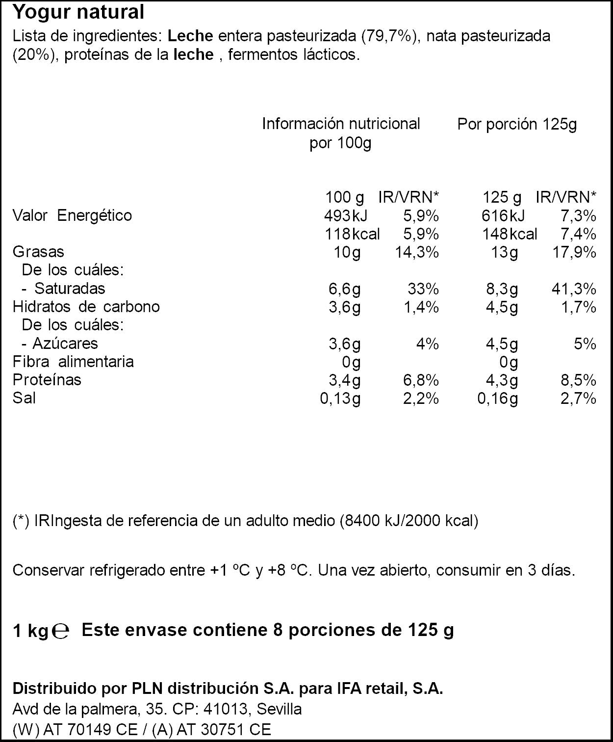Yogur griego natural Ifa eliges 1kg