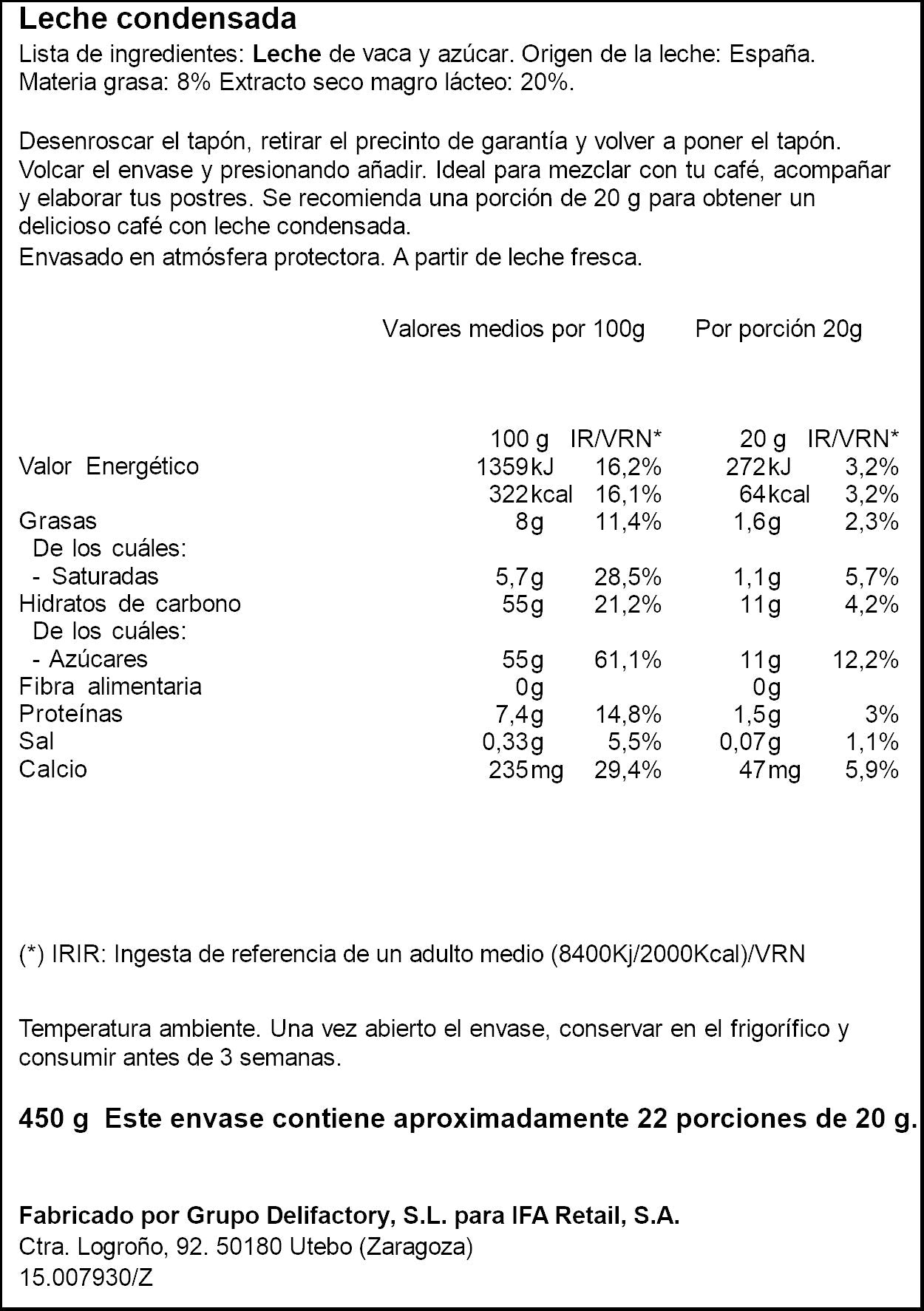 Leche condensada entera sirve facil Ifa eliges 450g
