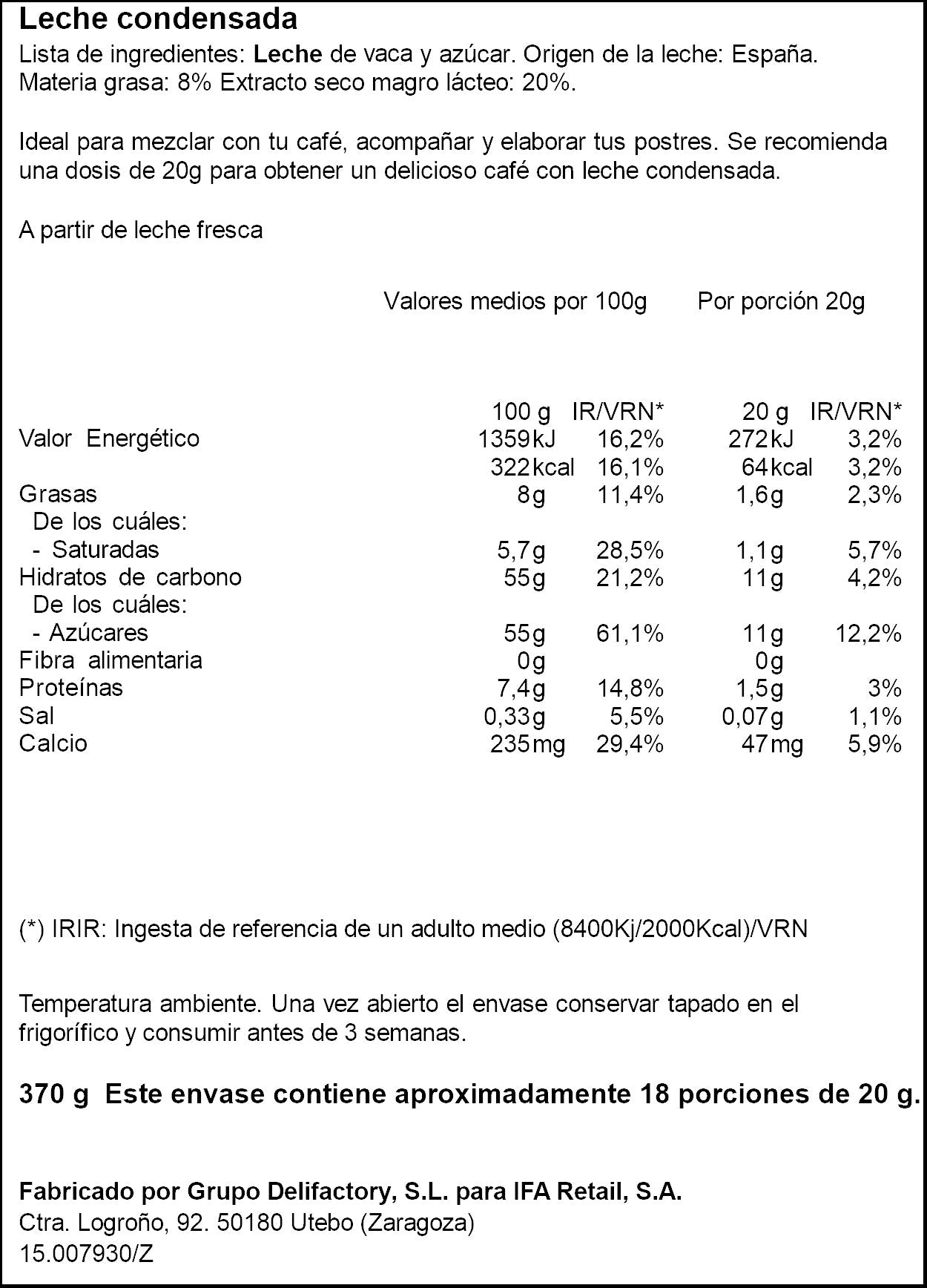 Leche condensada entera  Ifa eliges 370g