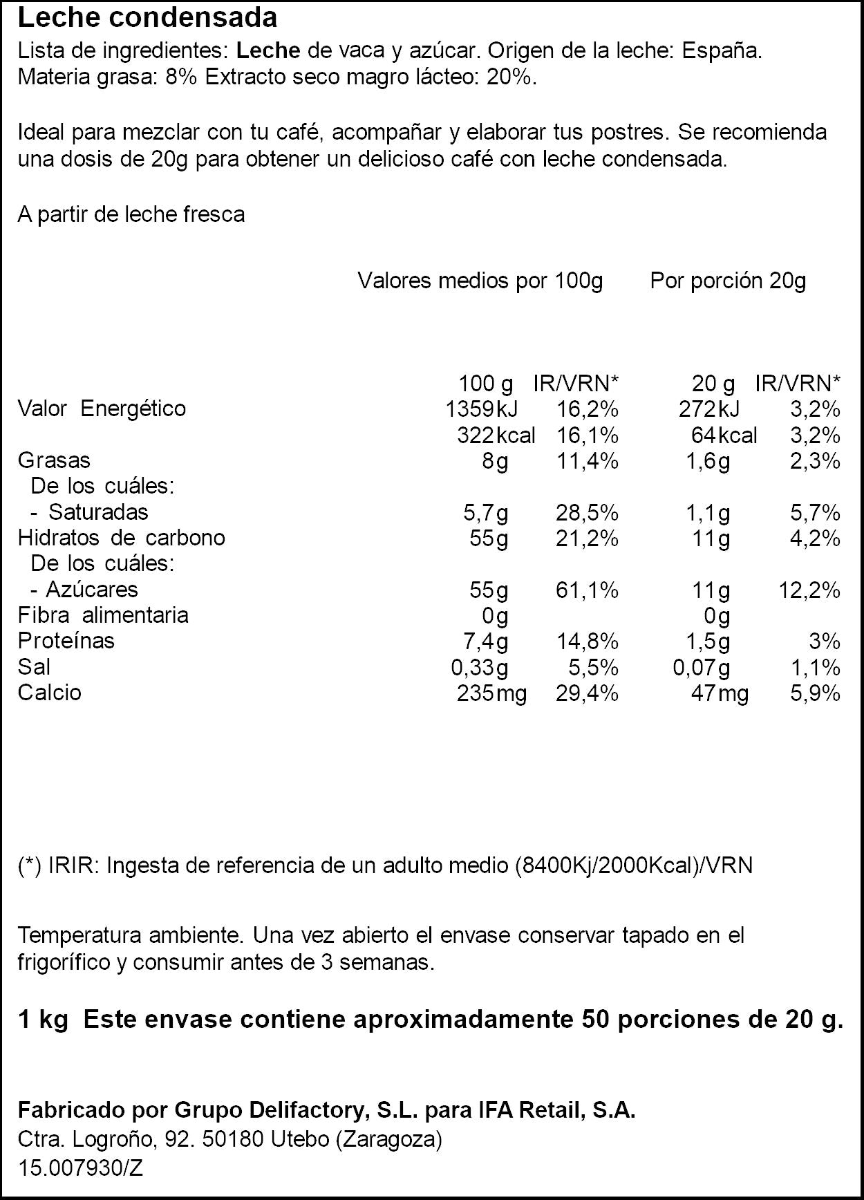 Leche condensada entera lata Ifa eliges 1000g