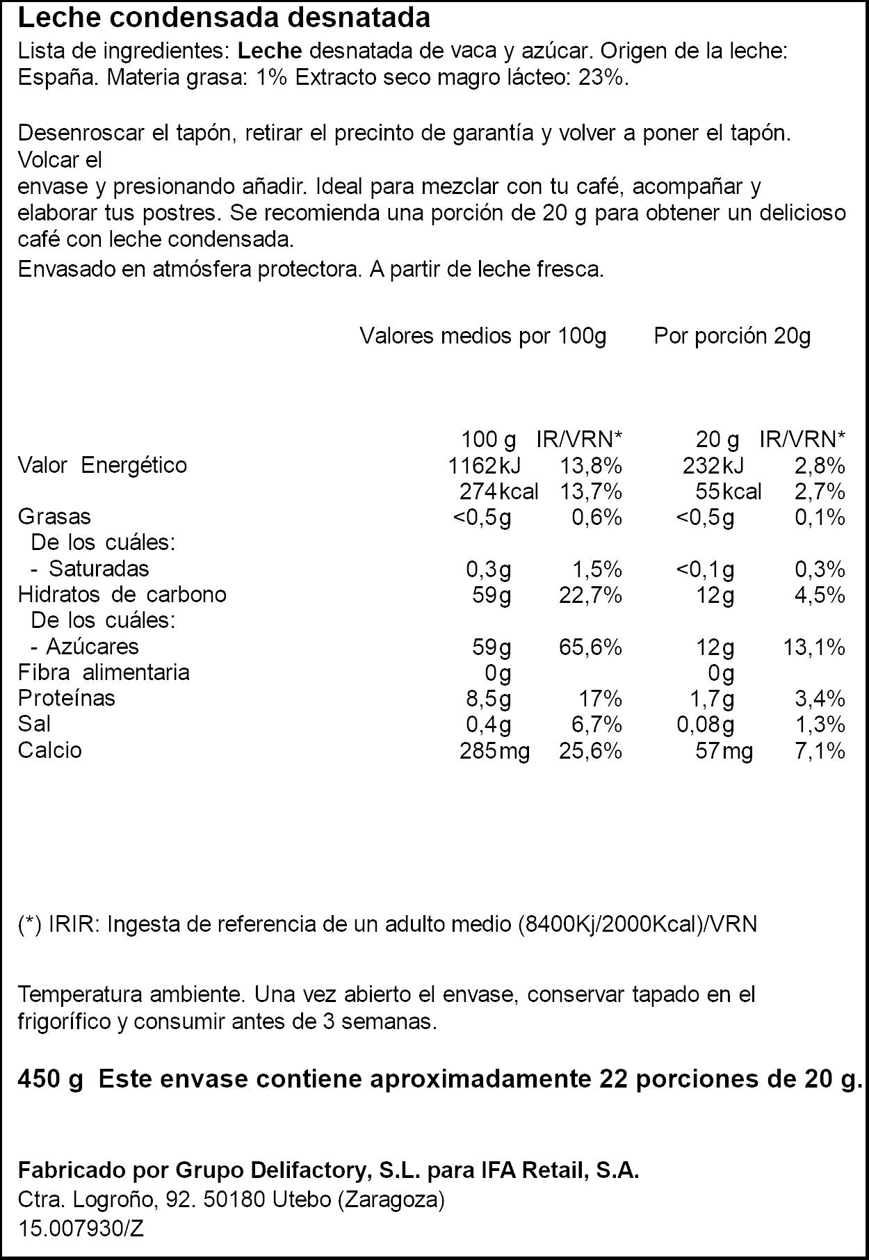 Leche condensada desnatada sirve facil Ifa eliges 450g