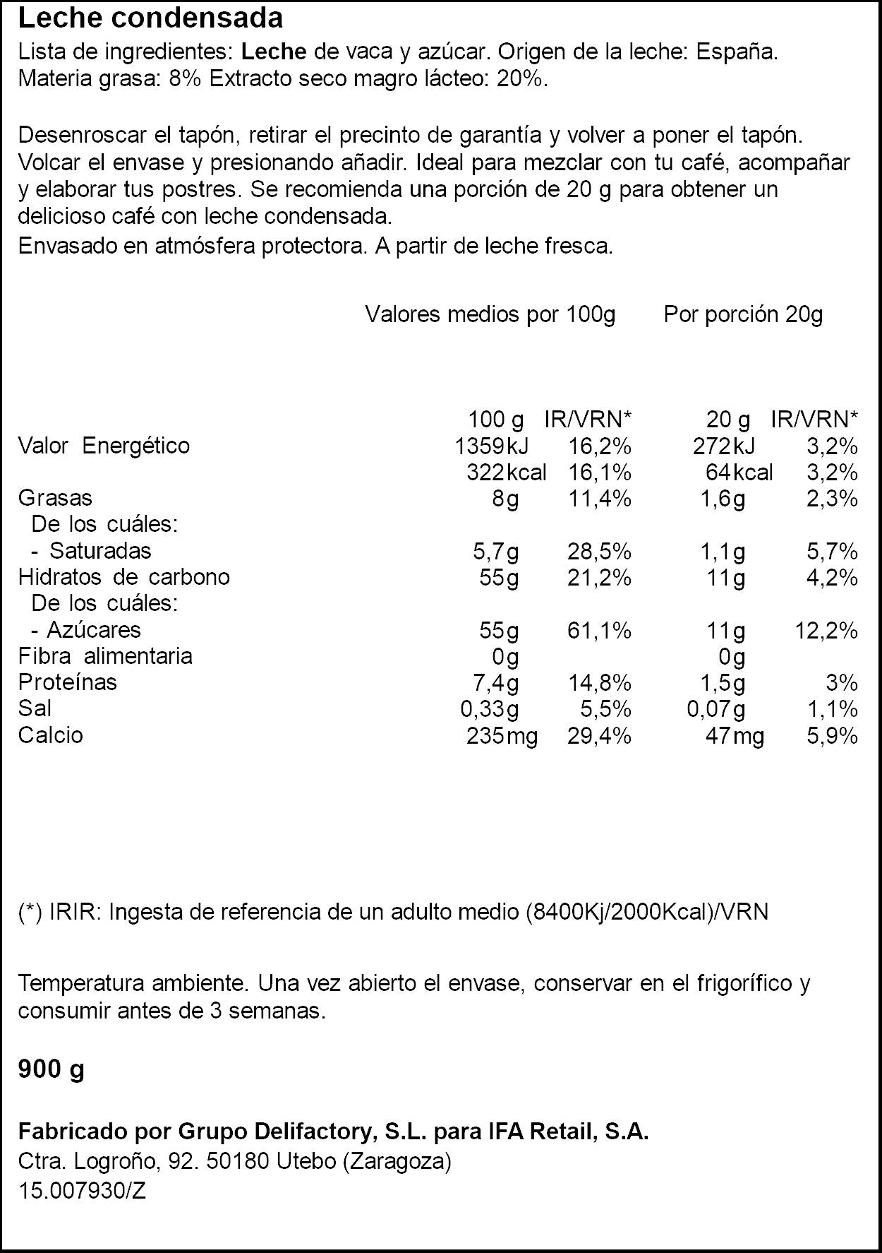 Leche condensada entera sirve facil Ifa eliges 900g