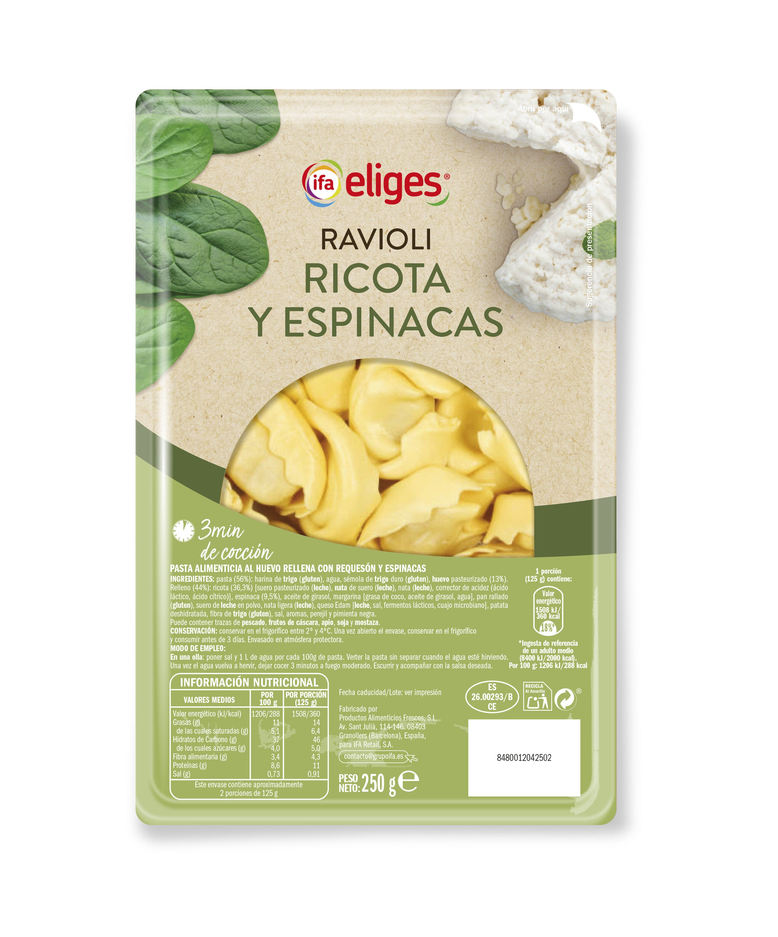 Ravioli ricotta/espinacas Ifa eliges 250g