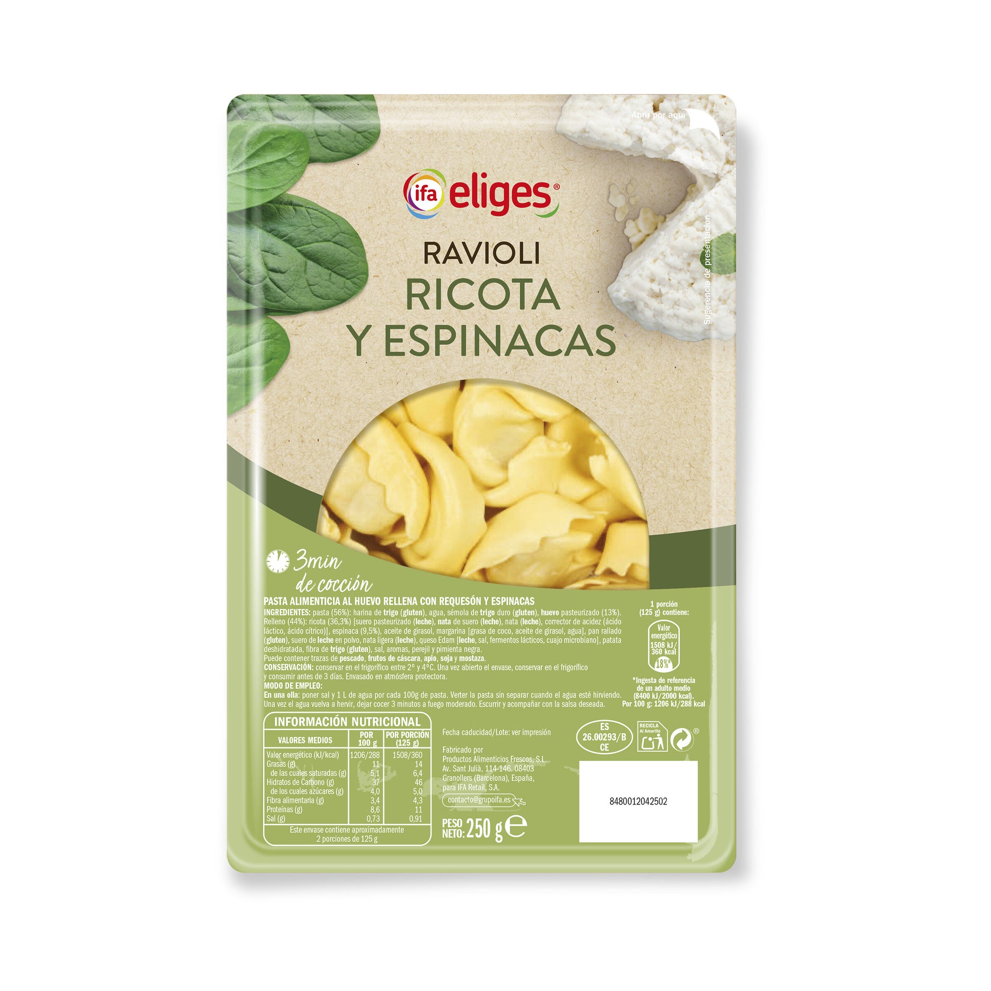 Ravioli ricotta/espinacas Ifa eliges 250g
